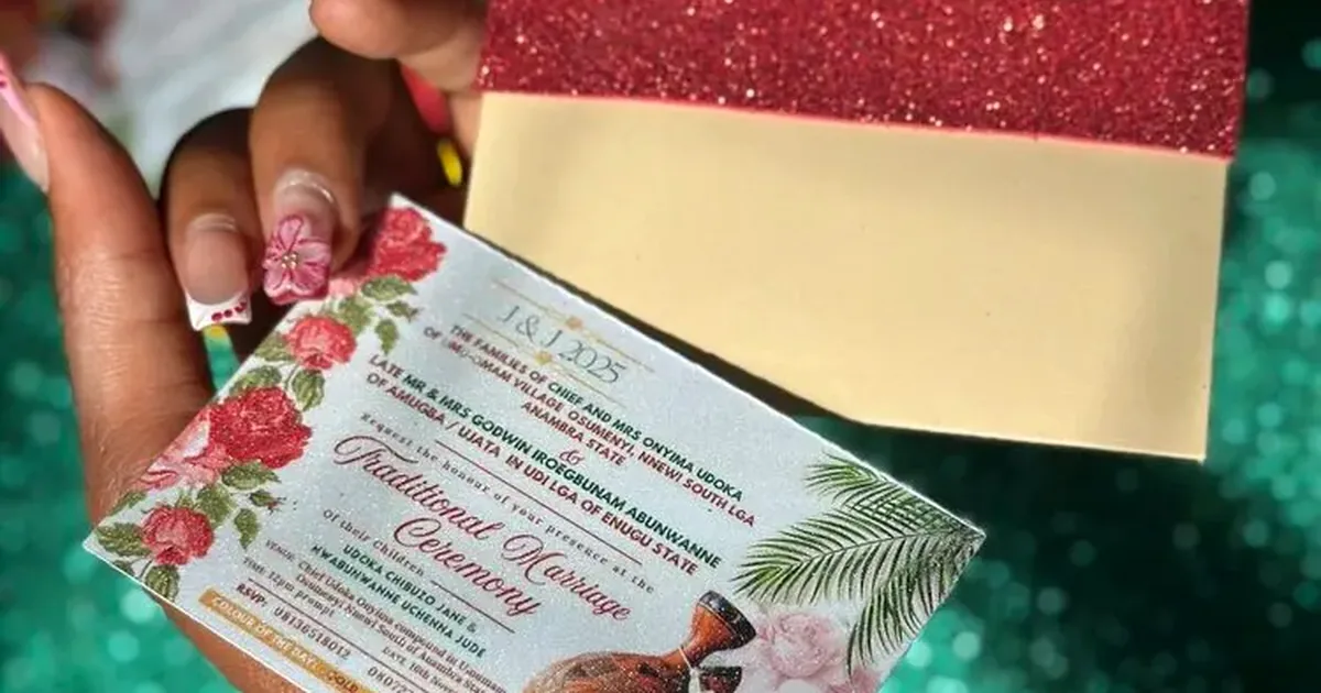 Traditional wedding invitation cards with gold detail, printed by TSH for a Lagos couple
