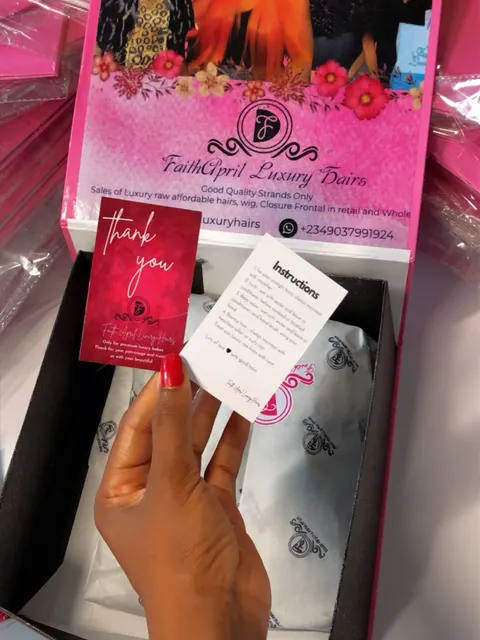 FaithApril Luxury Hairs pink printed hair box with thank-you and instruction cards