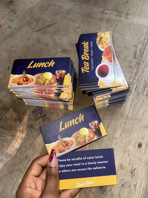 Printed lunch and tea break meal cards